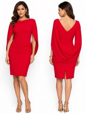 Betsy & Adam - Draped Boat Neck Long‎ Sleeve Cocktail Dress